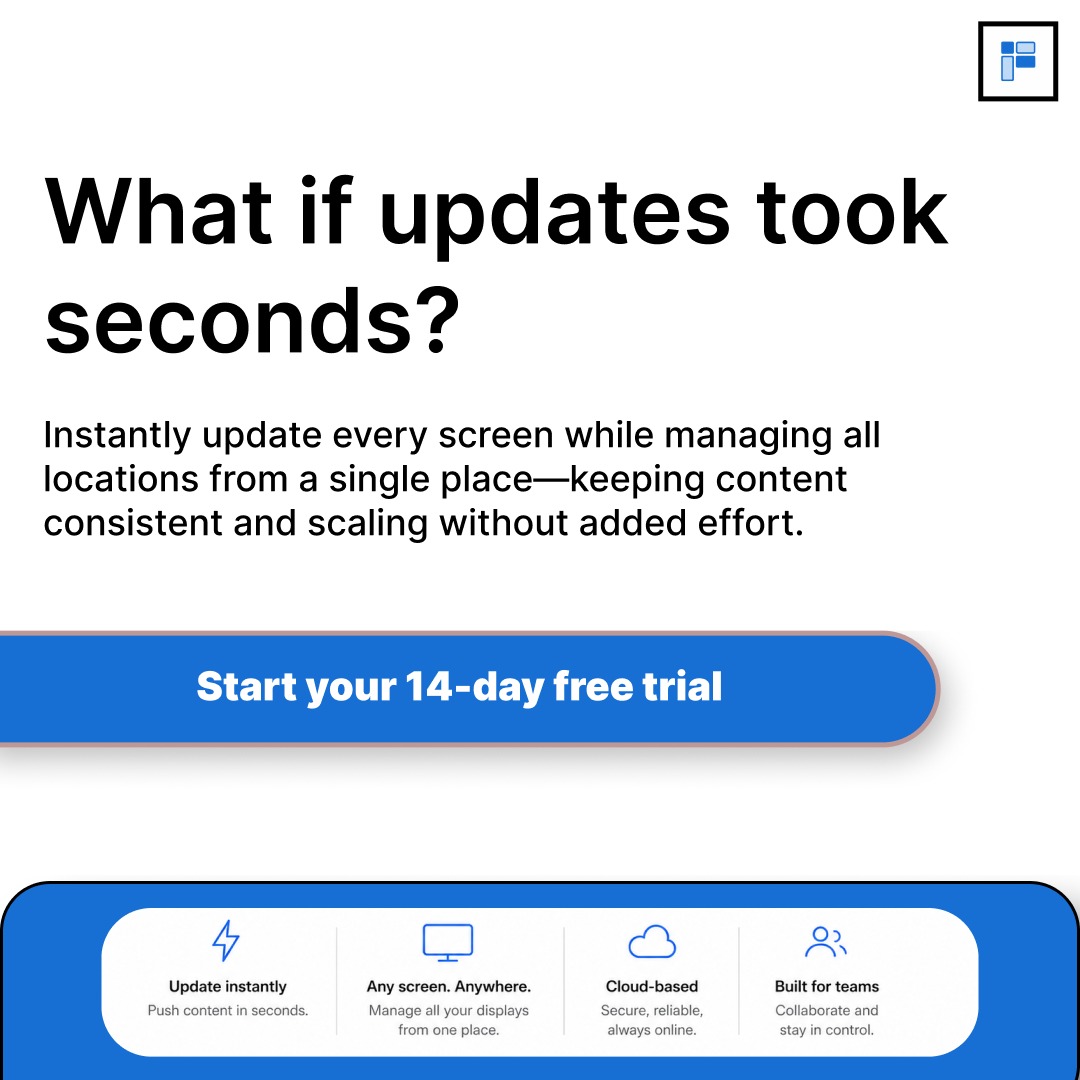 flickerwallApp's tweet image. Flickerwall lets you push updates to every screen, everywhere — in seconds. No delays. No chaos. Just control.

Scale your signage without scaling your workload.

Start your 14-day free trial → flickerwall.com

#DigitalSignage #RetailGrowth #Flickerwall