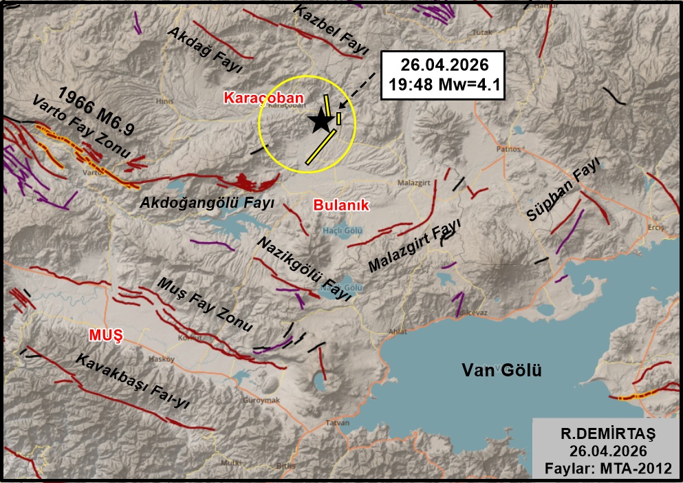 Paleosismolog's tweet image. #Muş'un 88.5 km KD'su, Bulanık'ın 23 km kuzeyinde, Yazbaşı civarında, Türkiye Diri Fay Haritası'nda yer almayan 3-5 km uzunlukta kısa bir kırık üzerinde, sığ derinlikte
26.04.2026
19:48 Mw=4.1 büyüklüğünde bir #deprem oldu.

Olağan depremlerden biri, anormal bir durum yok..