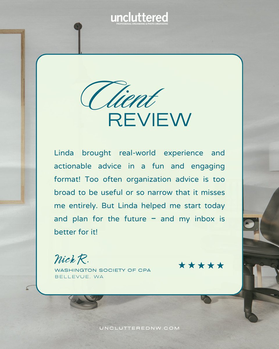 unclutterednw's tweet image. We're thrilled to bring real-world experience, actionable advice, and a dash of fun to the table. Let's conquer your organizational goals together! 💼✨ #organizedhome

Email us at info@Unclutterednw.com for a free phone consultation. 🌟