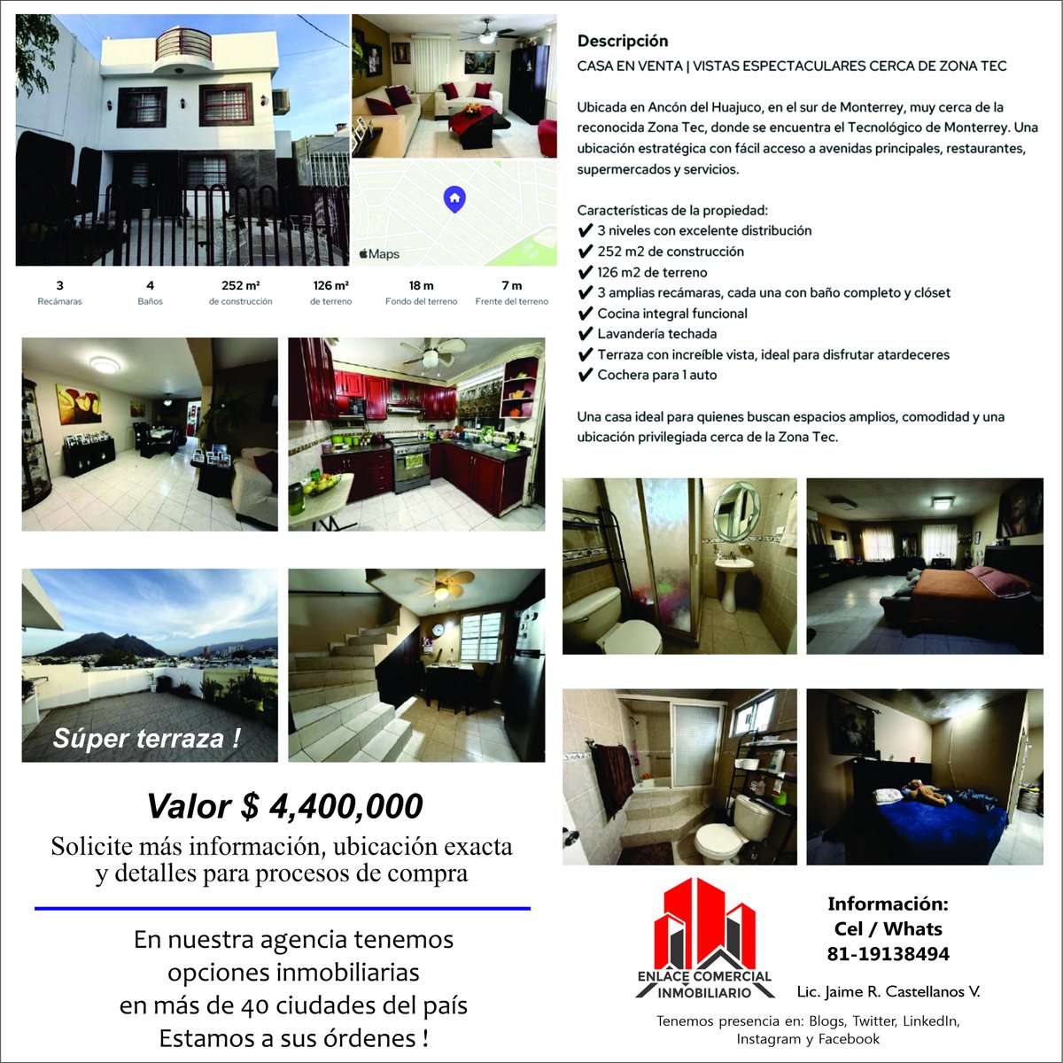 CASA EN VENTA - Ancón del Huajuco en Monterrey
Espectacular terraza con vista al cerro de la silla
Más detalles al Cel/WhatsApp: 8119138494
Lic. Jaime Castellanos / Enlace Comercial Inmobiliario
En este enlace puede ir a nuestro WhatsApp:
api.whatsapp.com/send?phone=528…