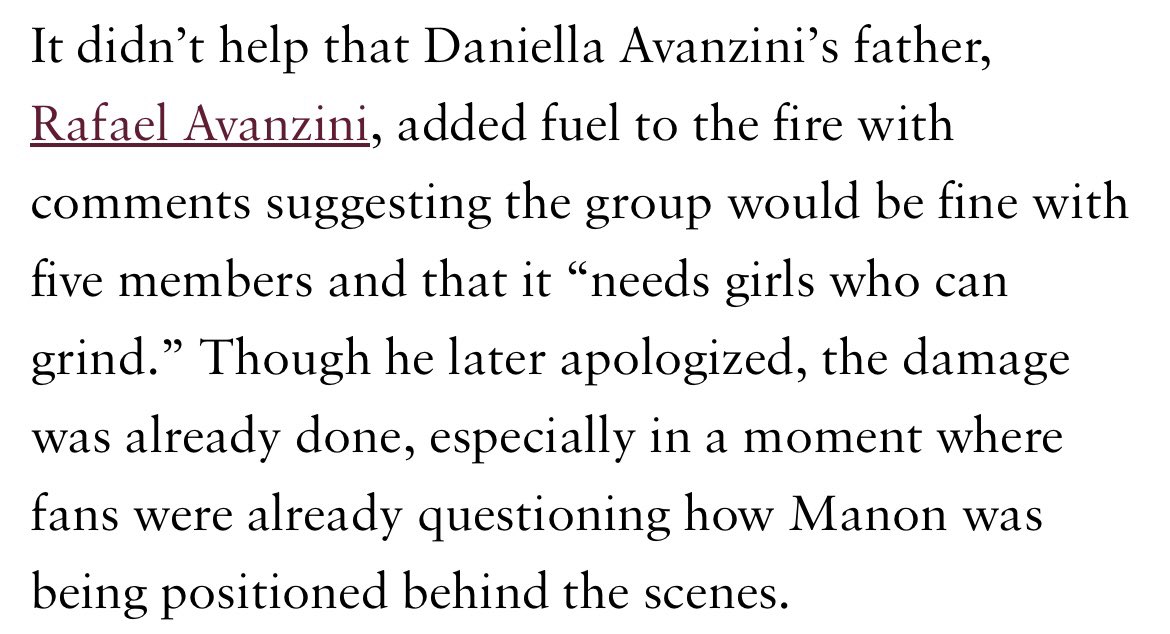 i’m glad they aren’t letting people forget how disgusting it was for a member’s father to fuel the hate manon has been receiving for years and how a half assed apology doesn’t erase the microaggressions he publicly threw at her