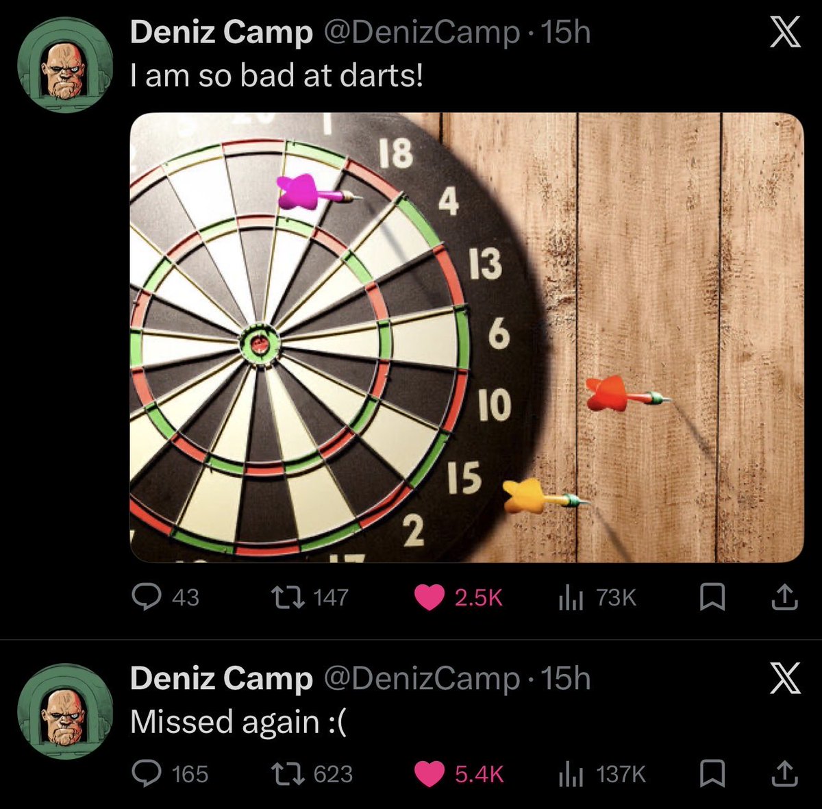 KHDZ99's tweet image. Crying to DC cuz Deniz made posts playing darts and missing #smh