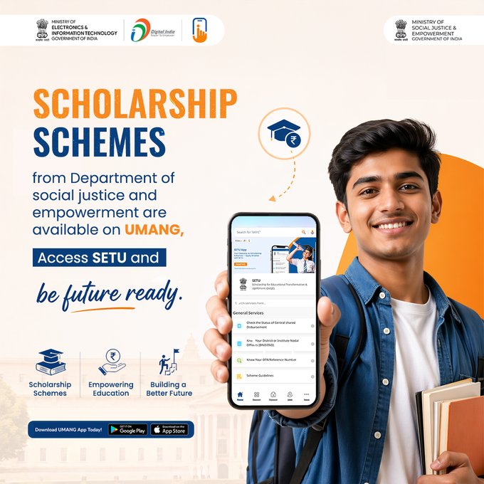 _DigitalIndia's tweet image. Access scholarship schemes from the Department of Social Justice and Empowerment instantly on the UMANG app. Don't miss out on financial aid—apply today and be future-ready. 🇮🇳

#DigitalIndia #Scholarships #UMANG @UmangOfficial_
