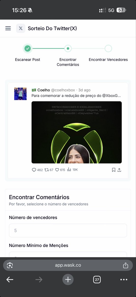 Já estou fazendo o sorteio aqui.

Estou usando a plataforma Wask.

Vou postar os ganhadores e logo mais envio os códigos diretamente na gamertag. Lembre-se de deixar o perfil aberto para receber mensagens.