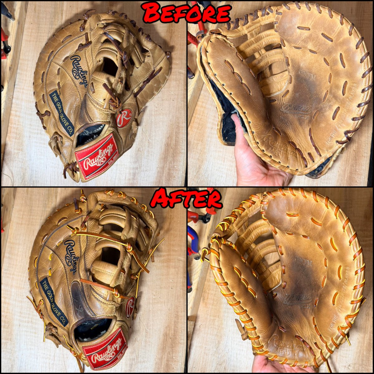 PeakGloveRepair's tweet photo. Relace makeover/repairs from the week.

@ballplayersbalm 

#softball #baseball #easton #wilson #rawlings #marrucci #nokona #mizuno #repair #gloveservice #baseballglove #softballglove #leather #glovework #mittwork #leatherwork #glove #mitt #breakin #breakingin https://t.co/rP5gulZ1SM