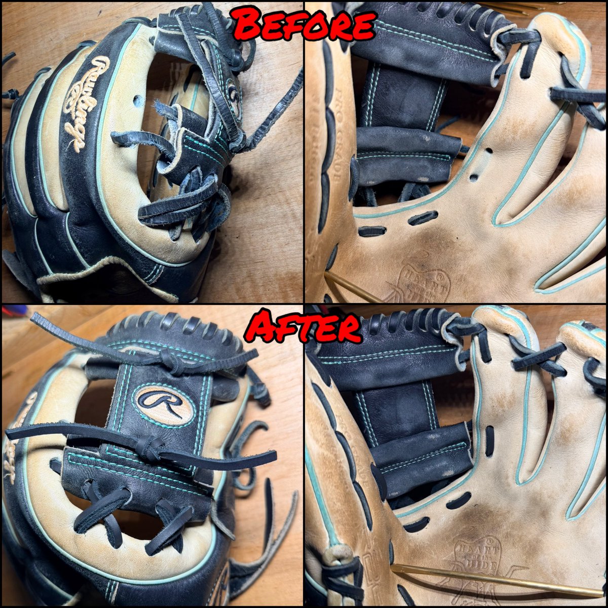 PeakGloveRepair's tweet photo. Relace makeover/repairs from the week.

@ballplayersbalm 

#softball #baseball #easton #wilson #rawlings #marrucci #nokona #mizuno #repair #gloveservice #baseballglove #softballglove #leather #glovework #mittwork #leatherwork #glove #mitt #breakin #breakingin https://t.co/rP5gulZ1SM