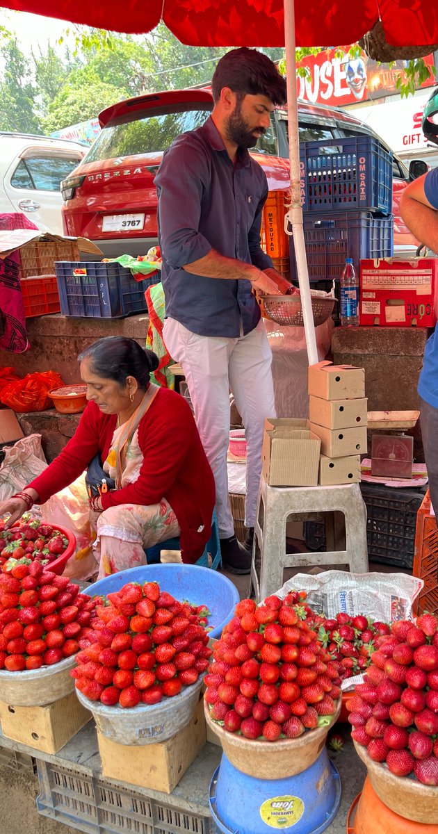 आज घरी परतताना थोडी खरेदी केली.

पाचगणीला मॅप्रो गार्डनच्या entry गेटसमोर राहुल गाडे या स्ट्रॉबेरी उत्पादक शेतकऱ्याचा स्टॉल आहे. 

<a href="/KishorWadk12676/">krishna valley farms🌾🍓🇮🇳</a> यांच्याकडून शेतकऱ्याची माहिती मिळाली.

🍓चव अप्रतिम!

महाबळेश्वरला फिरायला गेल्यावर राहुल कडून स्ट्रॉबेरी/मलबेरी नक्कीच खरेदी करा.