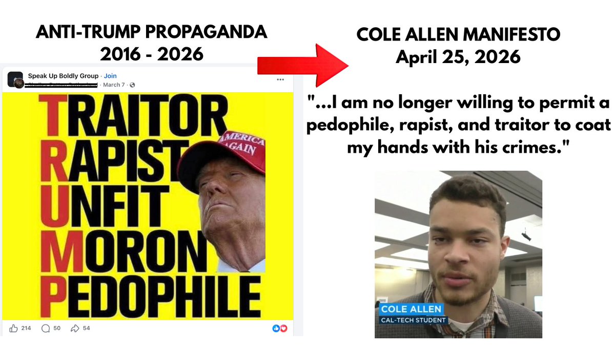 AsraNomani's tweet image. INSIGHT: Where did Cole Allen learn to hate? 

A portrait emerges of a young man who went from being a bright young earnest inventor as a senior at Caltech in 2017 to an alleged assassin in 2026 parroting the rhetoric of anti-Trump nonprofits. 

Cole Allen said in his manifesto: