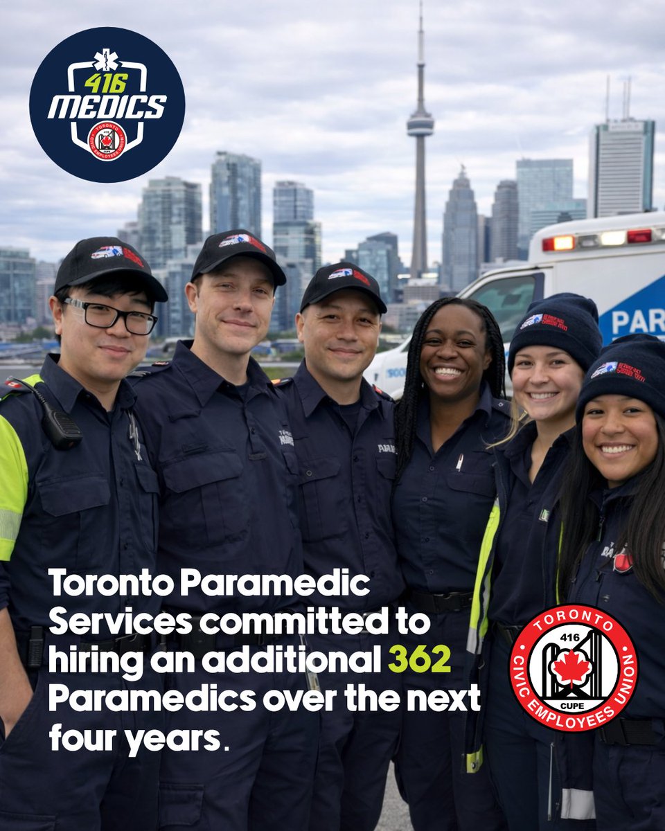 416medics's tweet photo. What started as a push for better paramedic staffing is now turning into real progress.
TPS committed to hiring 362 additional frontline workers (331 paramedics) - a step forward thatโs still making an impact today.
#local416 #toronto #torontoparamedics #TOpoli #unionstrong https://t.co/o3V7aqeS78