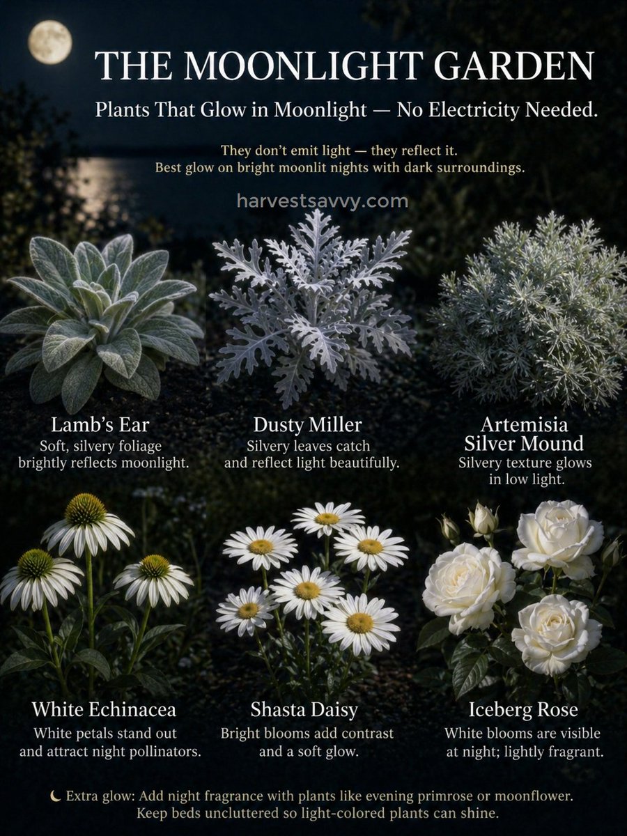 HarvestSavvy's tweet image. Moonlight gardens don’t need bright lights to shine 🌙
White blooms + silver foliage reflect what little light is available, keeping your garden visible after dark.
Beautiful, low-key, and pollinator-friendly.

#MoonlightGarden #NightGarden #GardenDesign #PollinatorGarden