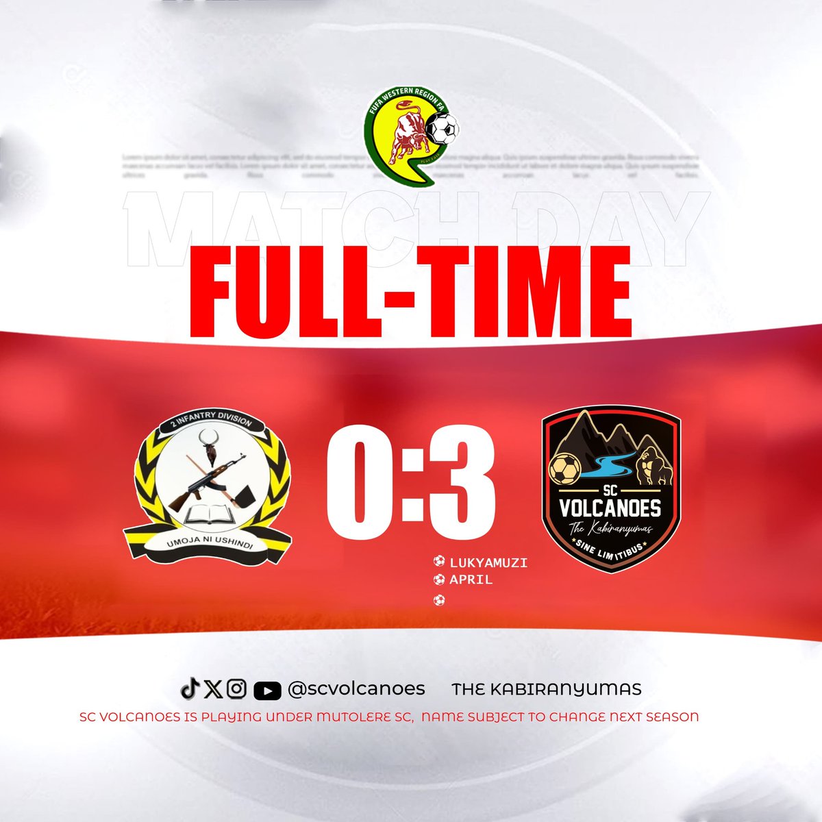 Fulltime Results! Well done boys.

#SCVolcanoes #TheKabiranyumas