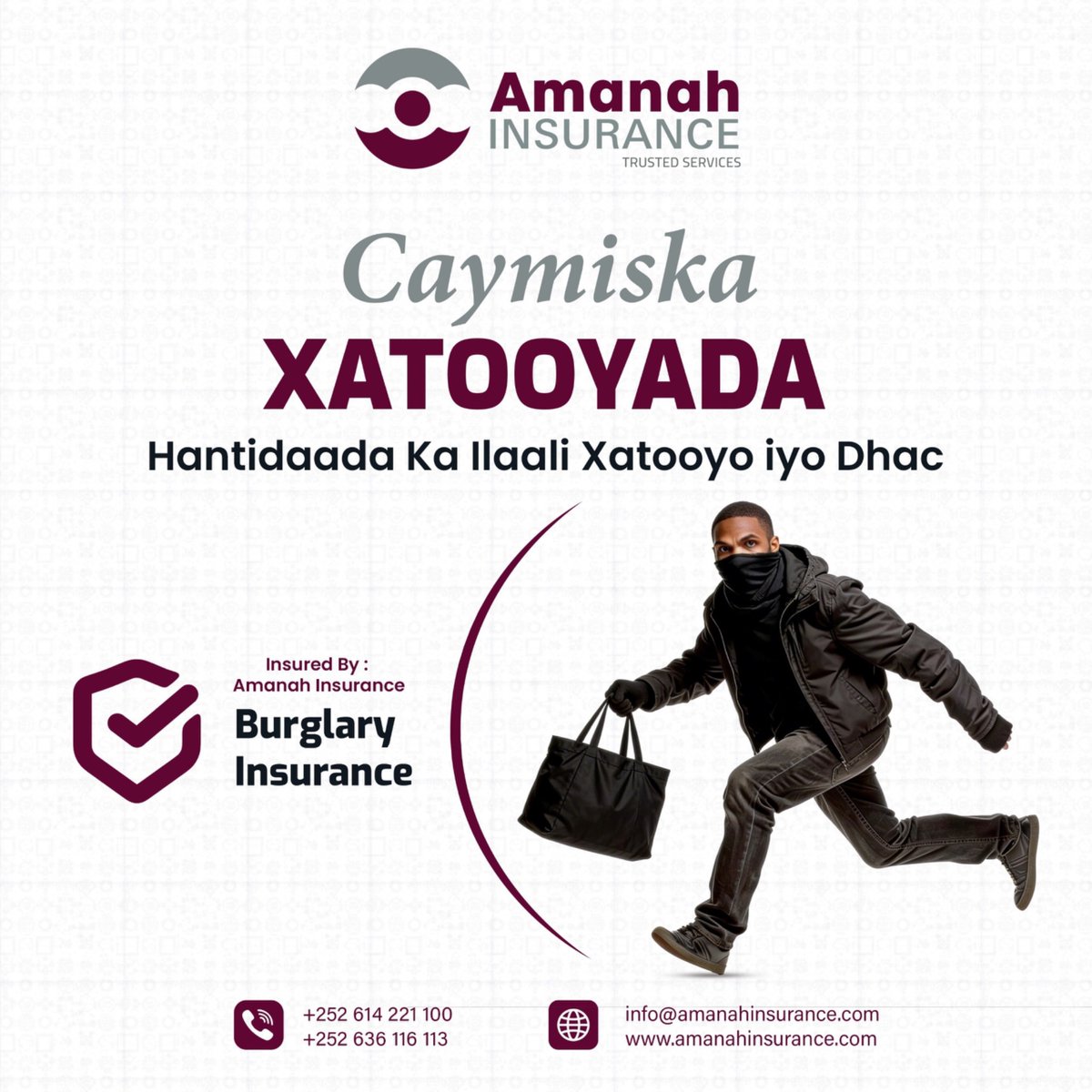 AmanahInsurance's tweet photo. Caymiska Xatooyaddu

Waxa Uu ku sinaya magdhow dhamaystiran oo marlabaad ku ogalanaya inad ganacsato, suuqana anad Ka bixin.

Ganacsade qaado damanad caymis oo ka warwar la’ow khasaraha lama filaanka

#amanahinsurance #servics #xatooyada https://t.co/AAEiZhkH5p