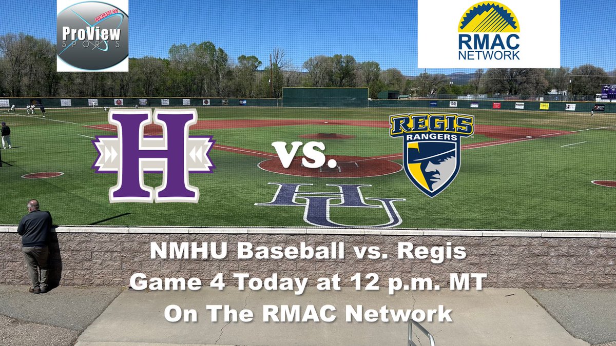 ProViewTV's tweet photo. New Mexico Highlands College Baseball vs. Regis Game 4, Today (Sunday) at 12 p.m. MT with @ScottGaletti and Jace Hinton @jacehintonco on the call on the RMAC Network. 
Link to broadcast below. Also archived.
https://t.co/WNzfAcv2Of https://t.co/L9El87wAKr