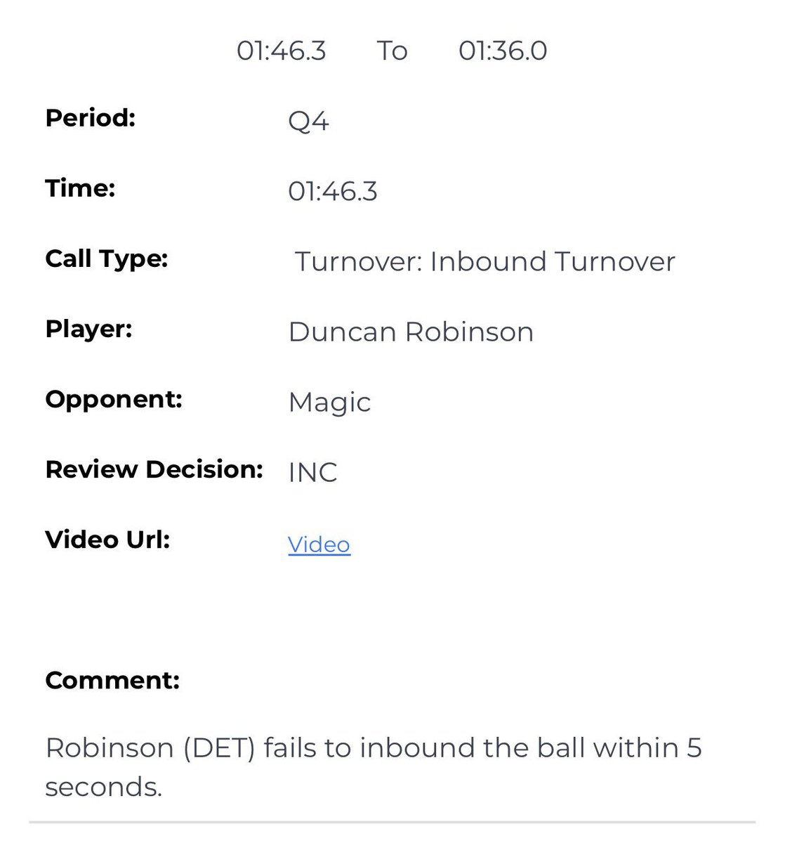 therealBeede's tweet image. The NBA’s L2M report found one incorrect non-call from Saturday’s Game 3 between the #Magic and Pistons:

— Detroit’s Duncan Robinson failed to inbound the ball within 5 seconds with 1:46 remaining in the game.