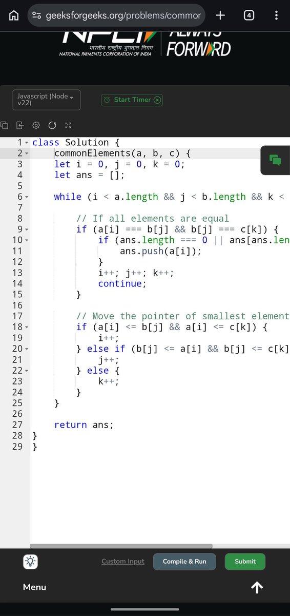 Pratikshak19332's tweet image. 🔥 Day 592 of @geeksforgeeks !
Solved using **3 pointers** on sorted arrays:
• Compare elements simultaneously
• Match → add (avoid duplicates)
• Move smallest pointer

#DSA #GeeksforGeeks #CodingJourney