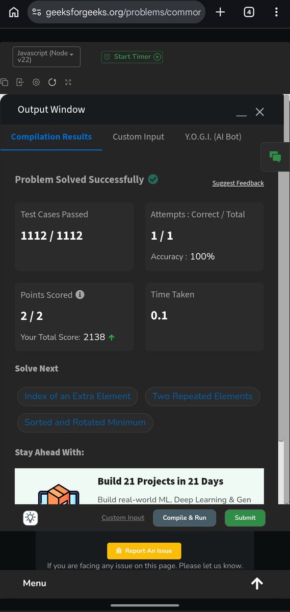 Pratikshak19332's tweet image. 🔥 Day 592 of @geeksforgeeks !
Solved using **3 pointers** on sorted arrays:
• Compare elements simultaneously
• Match → add (avoid duplicates)
• Move smallest pointer

#DSA #GeeksforGeeks #CodingJourney