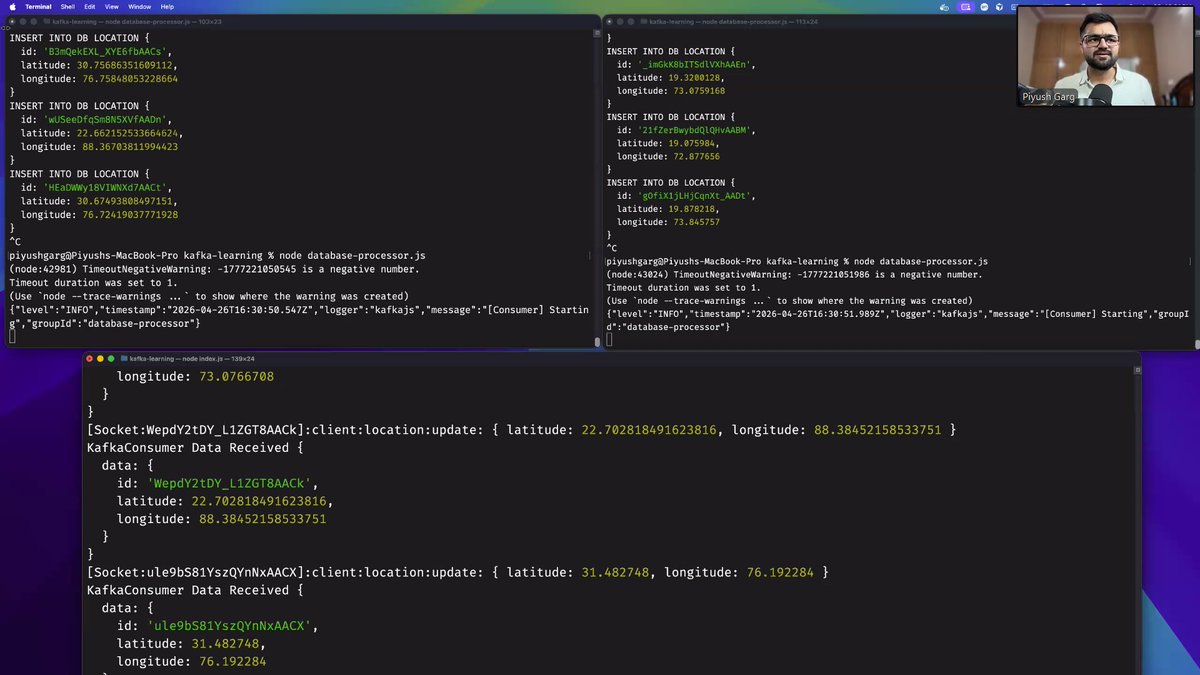 DebashisDa570's tweet image. Built a live location tracker with Kafka today.
Saw real-time events flow through producers, consumers, sockets, and DB on a live map.
Distributed systems finally made practical sense.
#Kafka #BackendDevelopment #NodeJS #DistributedSystems #SoftwareEngineering #ChaiCode #Socketio