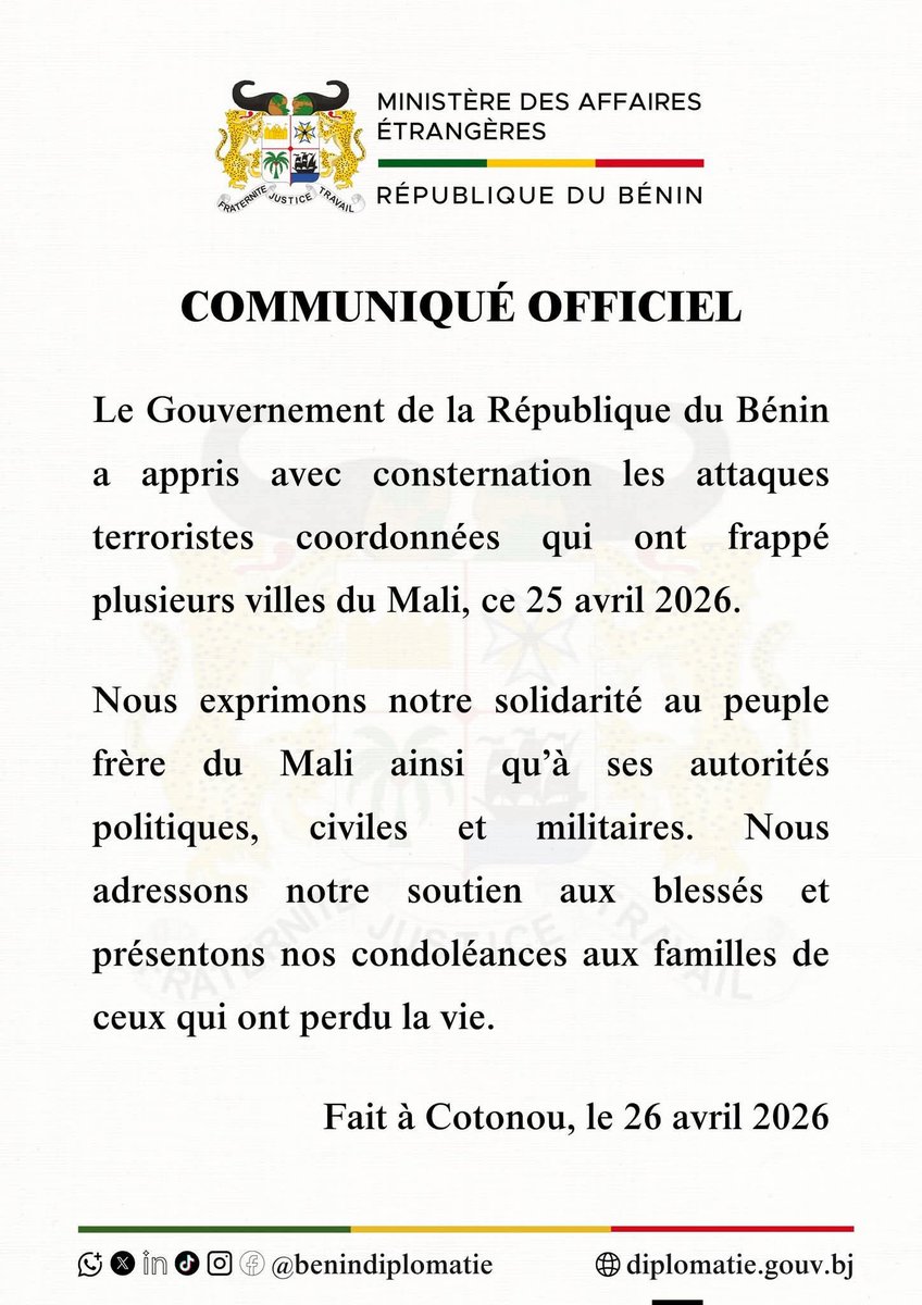 sahellibre's tweet photo. 📢 #Bénin 🇧🇯 | #Mali 🇲🇱  
Le Gouvernement béninois exprime sa solidarité au peuple frère du Mali après les attaques du 25 avril 2026.  
👉 Condoléances aux familles des victimes.  
👉 Soutien aux blessés et aux autorités maliennes.  

#Diplomatie #Solidarité #Mali #Benin https://t.co/Wf5ckus6kj