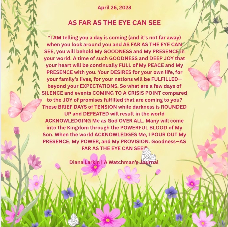 JOURNAL NUGGET: 
A beautiful promise: “AS FAR AS THE EYE CAN SEE, you will behold My GOODNESS and My PRESENCE in your world.” It’s all going to be worth it!!!