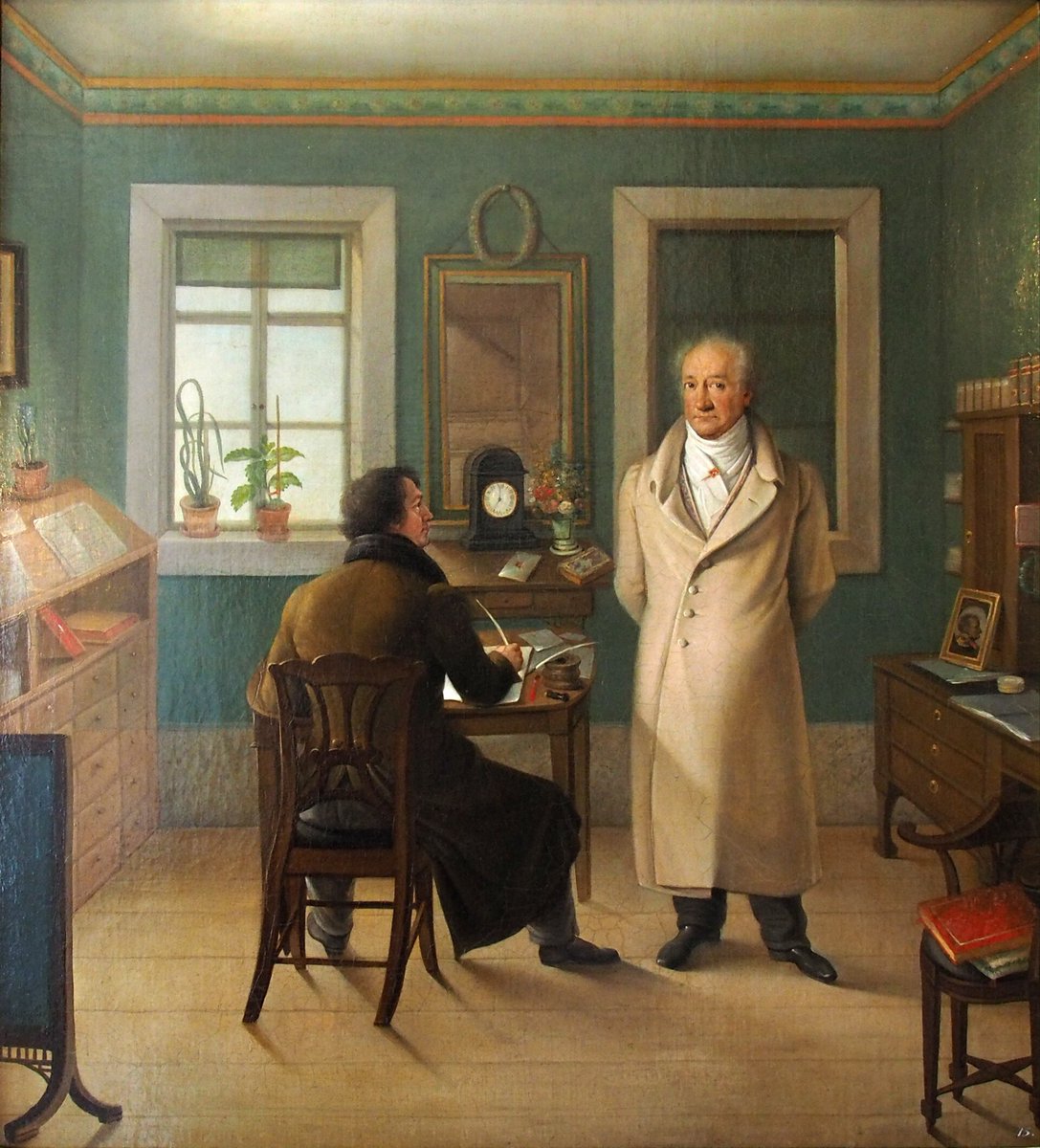 DrGSEspinosa's tweet photo. Paso una entretenida tarde de domingo leyendo las ‘Conversaciones’ de #Goethe con Eckermann —en mi opinión muy por debajo del diálogo Johnson-#Boswell—. Aquí ‘Goethe dictando a su secretario’, por J.-J. Schmeller (1834) https://t.co/rh5eYlIB4t