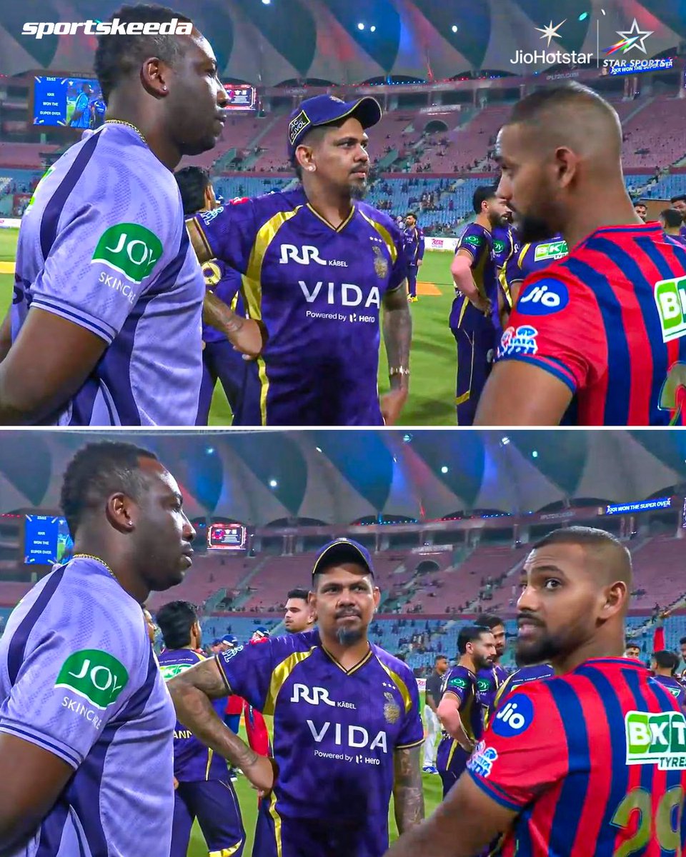 ICC_internation's tweet photo. The Caribbean trio in a single frame — Narine, Russell, and Pooran during the post-match scenes! 💜❤️🙌🏼

#IPL2026 #LSGvKKR #lamansiónvip #SevillaFC https://t.co/RNQpECUlZa