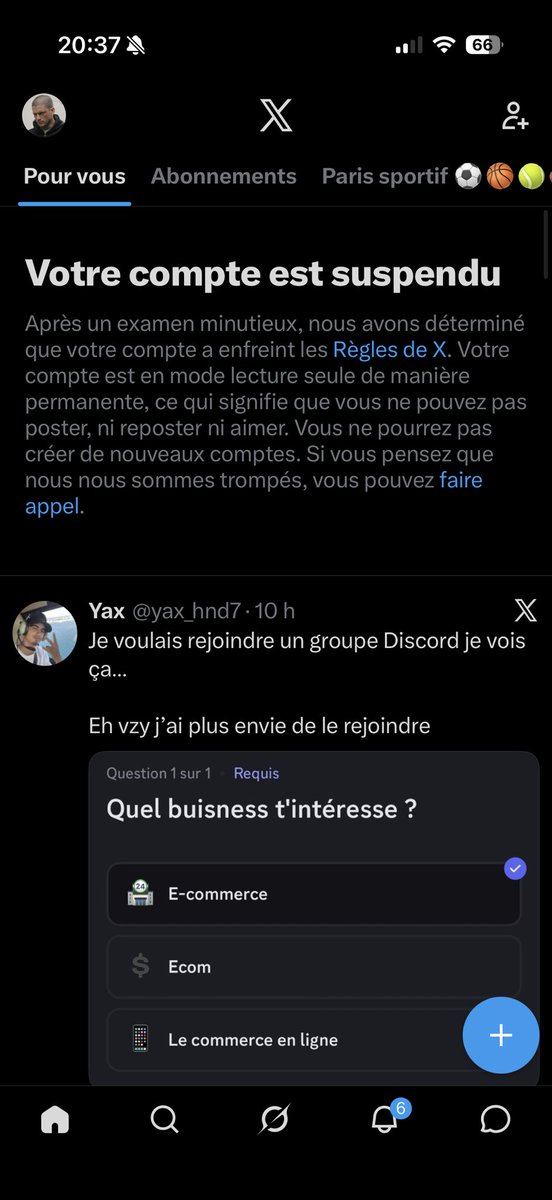 23rs_'s tweet photo. Hey @Support, I'm stuck in a 'Restoration Loop'. You sent me 3 emails  since 18 april saying my account @F2Sbetting is restored, but it's still technically suspended. This is a major DB synchronization bug. Can a human please fix this?

@X @Support @elonmusk https://t.co/avV0Fz1kmP