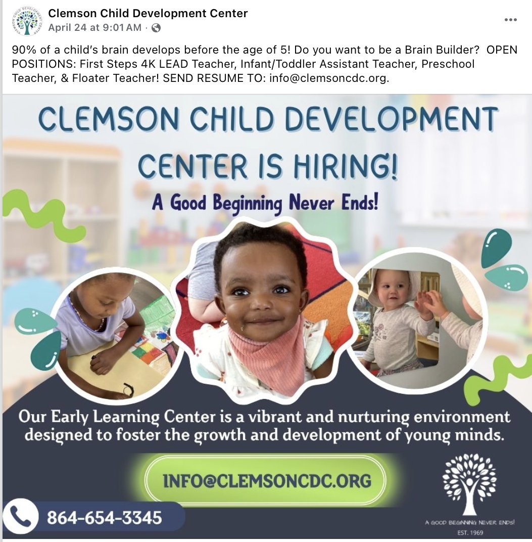 PCFirstSteps's tweet photo. Clemson Child Development Center is hiring teachers, including a LEAD First Steps 4K teacher. To learn more about FREE 4K, which also includes childcare for siblings, visit: https://t.co/Fss0hLyZO4 https://t.co/brcwrgLBqM