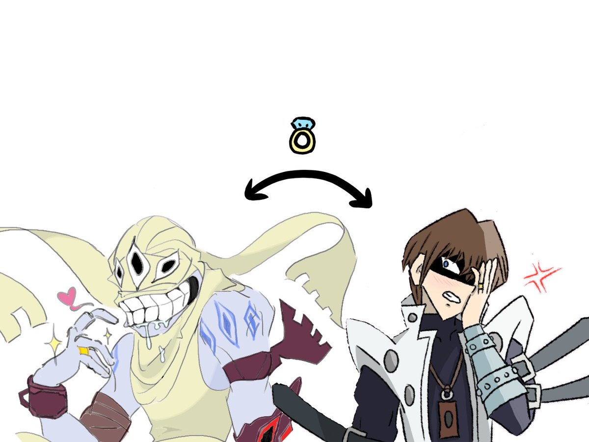 BeyandSha1's tweet photo. Late to the trend, but I desperately needed to do it with my sister 😂. Looks like Kaiba found his new favourite monster to be hung up on: Kishin.

#yugioh #setokaiba #souleater #kishinasura #meme #fanartㅤㅤㅤㅤ https://t.co/ZmgcUTubzO
