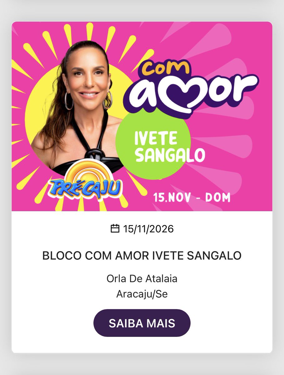 Ela vem aí, Aracaju! Mais uma vez, @IveteSangalo é presença confirmada no Pré-Caju. A baiana comanda o bloco Com Amor no dia 15 de novembro, na Orla de Atalaia.