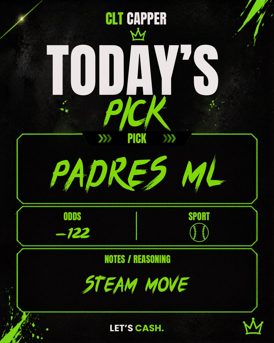 CLTcapper's tweet image. Midday MLB Pick ⬇️

⚾️ San Diego Padres ML (-122)

#freepicks #Gambling𝕏
