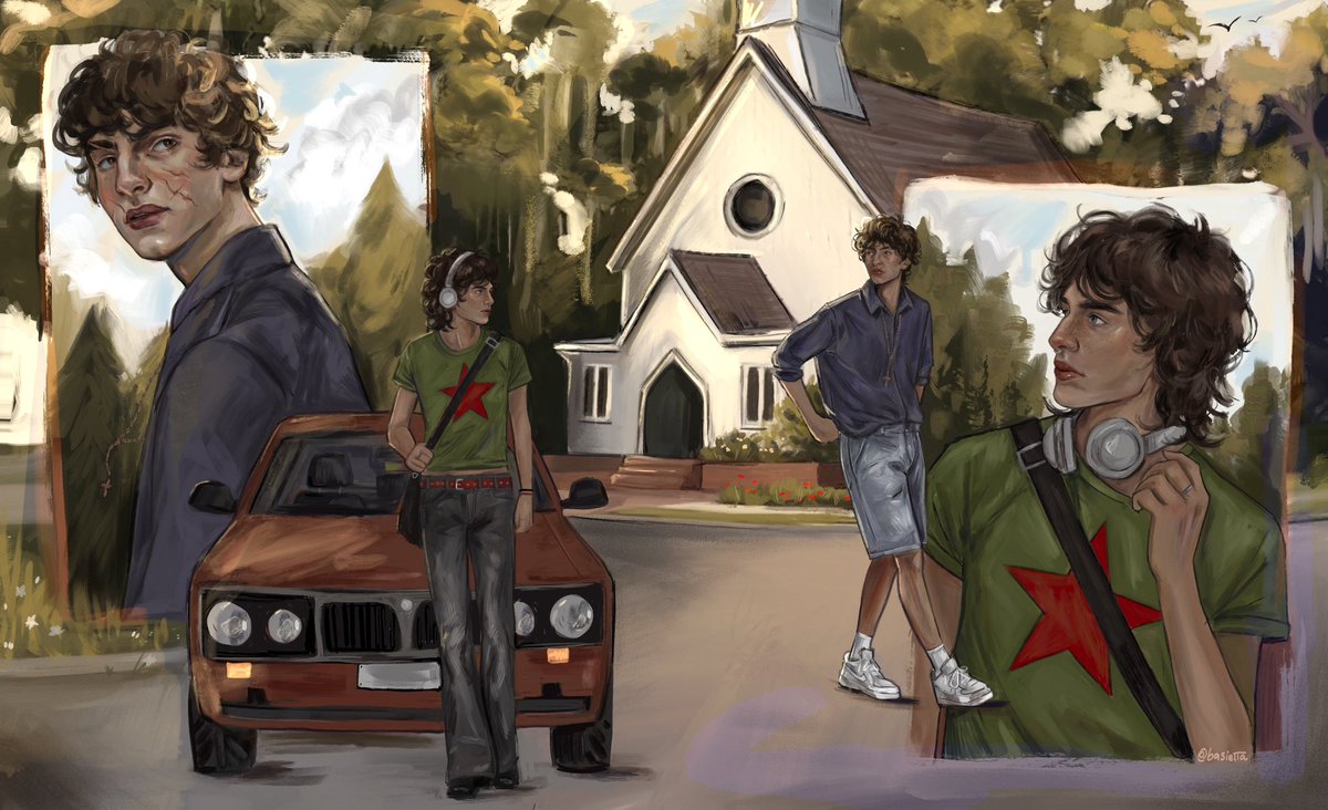 parkernott's tweet photo. It seems like the preacher's son is rather interested in the newcomer... 
-
Muggle AU Parker and Remus, drawn by @basietta https://t.co/fnZLNW4zgh