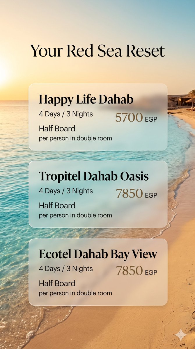 Travelancoltd's tweet image. Dahab, but different. 🌅 Elevate your next getaway with our curated luxury stays on the Red Sea. Soft golden sand, crystal waters, and absolute serenity.

Call to Action: Your Red Sea Reset is just a click away. Secure your sanctuary here✈️✨

#QuietLuxury #LuxuryTravel
