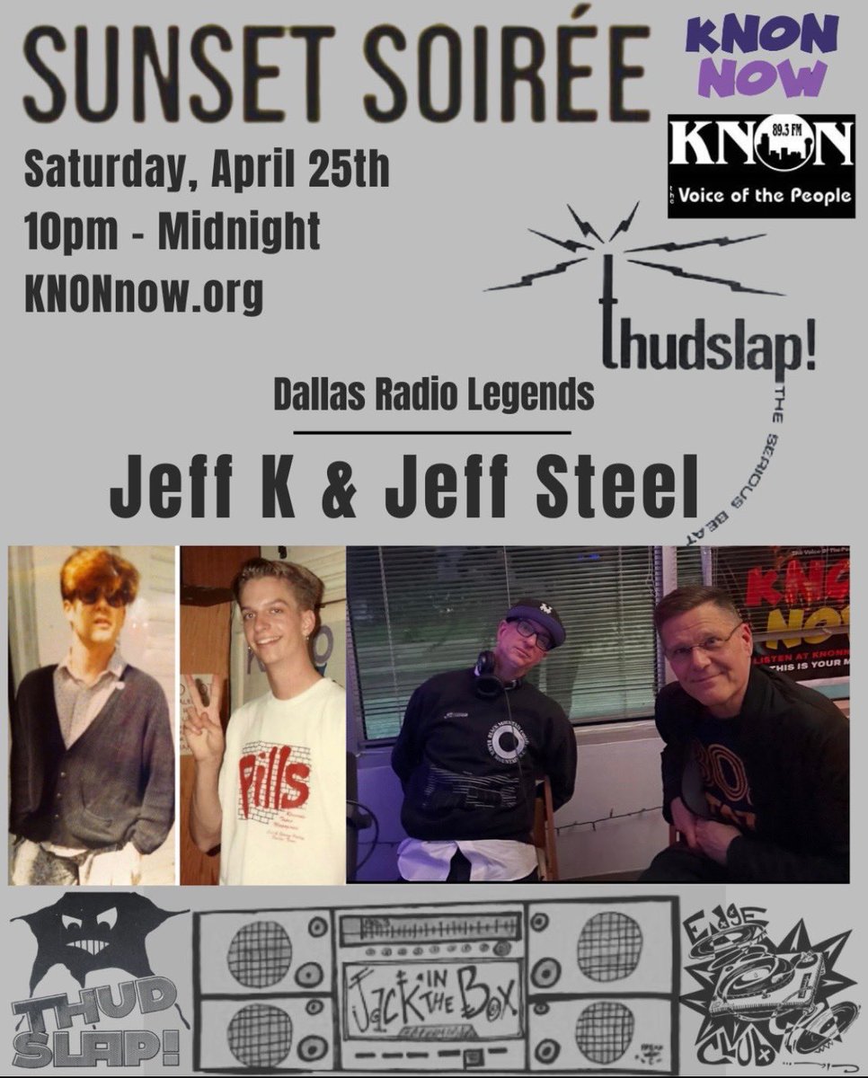 jeffknet's tweet photo. In case you missed it, last night @Stottle and I joined @joshuagraham12 Joshua on his Sunset Soirée on @KNONnowradio for a trip down memory lane. Plenty of fun stories and great tunes from the #ThudSlap and #Edgeclub era, as well as some surprises. https://t.co/ptkHsy4ie3 https://t.co/S5nVFrIFzZ