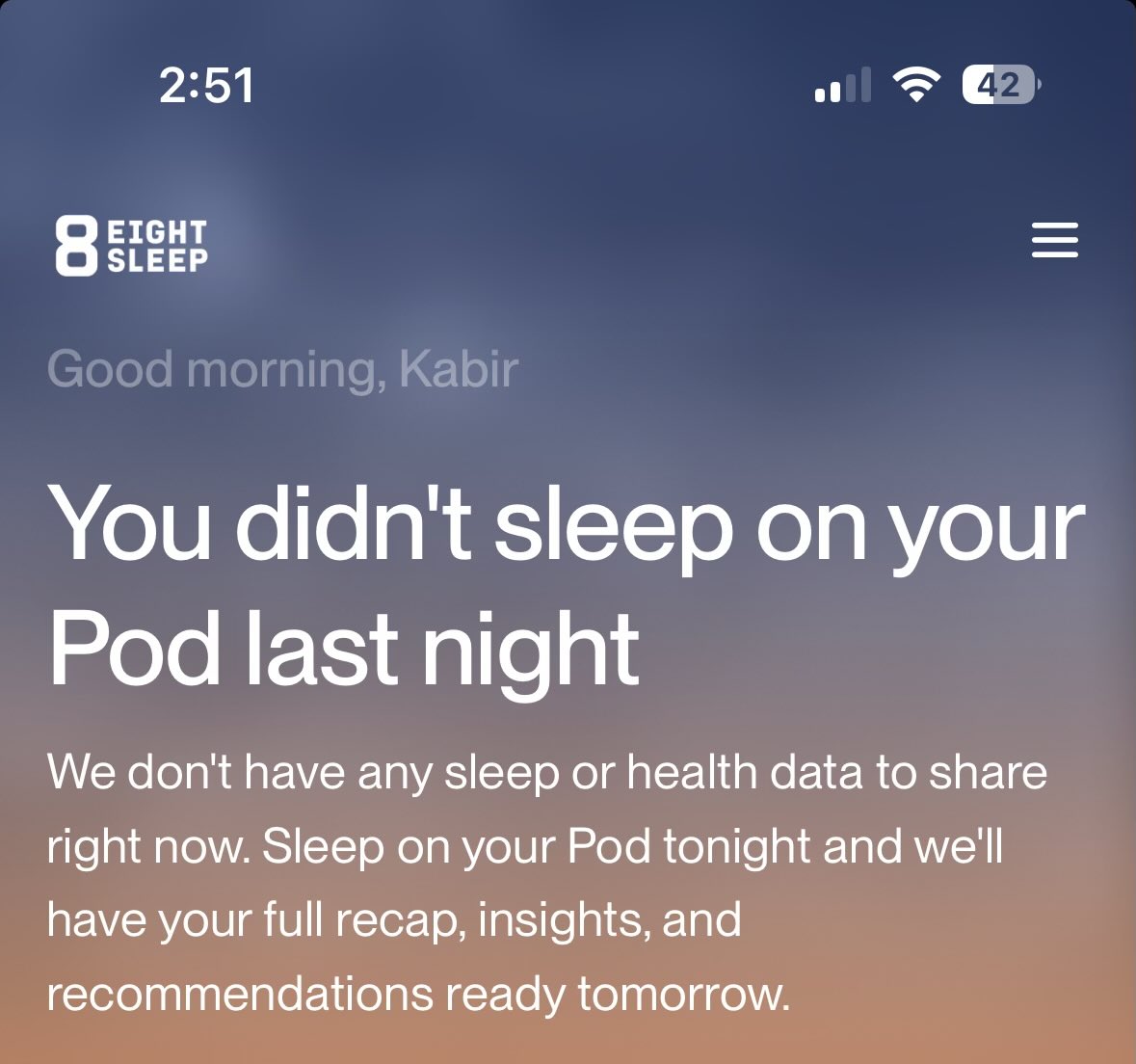KabirH's tweet photo. New eightsleep AI updates are amazing. 

As a founder, sleepless nights are common.. despite that, I’m pretty sure I did indeed fall asleep last night. https://t.co/2zC0NcBSGn