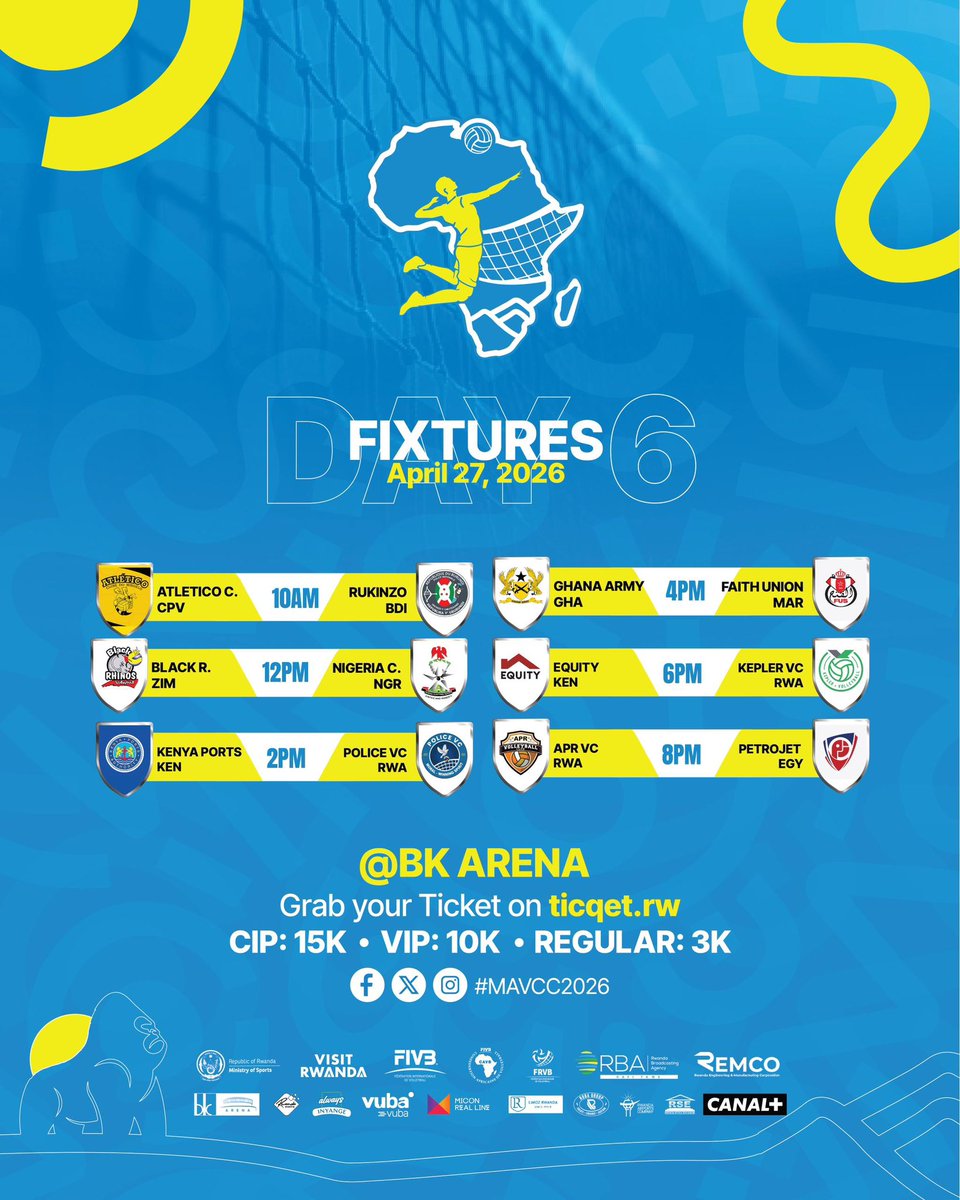 UwihirwePatric1's tweet image. #Volleyball: Kuri uyu wa mbere, harakomeza imikino y’umunsi wa 6 wa Shampiyona Nyafurika iri gukinirwa mu Mujyi wa Kigali ku nshuro ya 47.

Harakinwa imikino 12 irimo 6 muri Pt Stade Amahoro n’indi 6 muri BK Arena, guhera 10am.

@theupdaterwanda 
@Rw_Volleyball 
#MAVCC2026
#RwOT