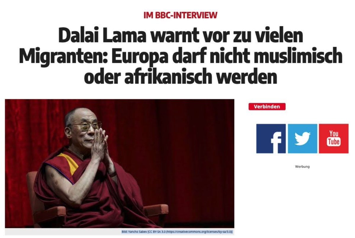 ebclu1961's tweet image. Der #DalaiLama bekräftigte kürzlich in einem Interview erneut seine Ansicht, dass #Europa für die Europäer und ihre eigene Kultur und Geschichte sei. Er warnte davor, zu viele Migranten hier bleiben zu lassen. Denn sonst drohe ein „muslimisches" oder „afrikanisches" Europa. Das