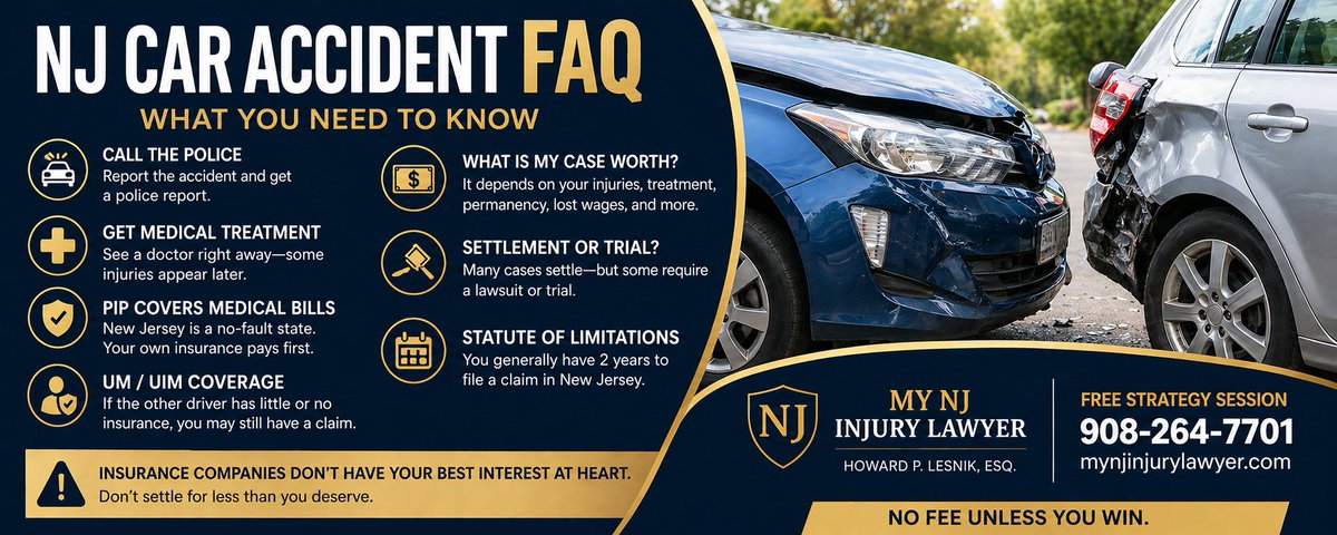 lesniklaw's tweet photo. 🚗 NJ Car Accident FAQ – What You Need to Know
If you’ve been injured in a car accident in New Jersey, here are the key answers you need:
✔ Call the police and report the accident
✔ Get medical treatment immediately—even if symptoms appear later
✔ Your medical bills are usually covered by your own insurance through PIP (no-fault coverage)
✔ You may still have a claim for pain and suffering, depending on your injuries
✔ If the other driver has little or no insurance, you may have a claim under UM/UIM coverage
✔ The value of your case depends on your injuries, treatment, and permanency
✔ Most cases settle—but some require a lawsuit or trial
✔ You generally have 2 years to file a claim in New Jersey
⚠️ Important: Insurance companies often try to minimize claims or settle quickly for less than you deserve.
If you were injured in a New Jersey car accident, it’s important to understand your rights before speaking with the insurance company.
📞 My NJ Injury Lawyer – Howard P. Lesnik, Esq.
Free strategy session. No fee unless you win.