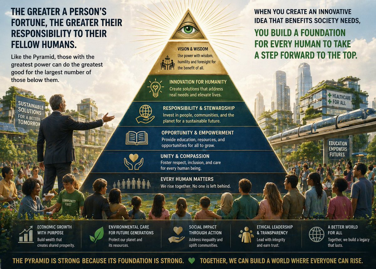 THAEDLIGHT's tweet photo. The greater a person’s fortune, the greater their responsibility to their fellow humans. Like the Pyramid, those with the greatest power can do the greatest good for the largest number of those below them.

When you create an innovative idea that benefits to society needs, you build a foundations for every human to take a step forward to the top.
@ILLUMINATIAM 
#ILLUMINATI