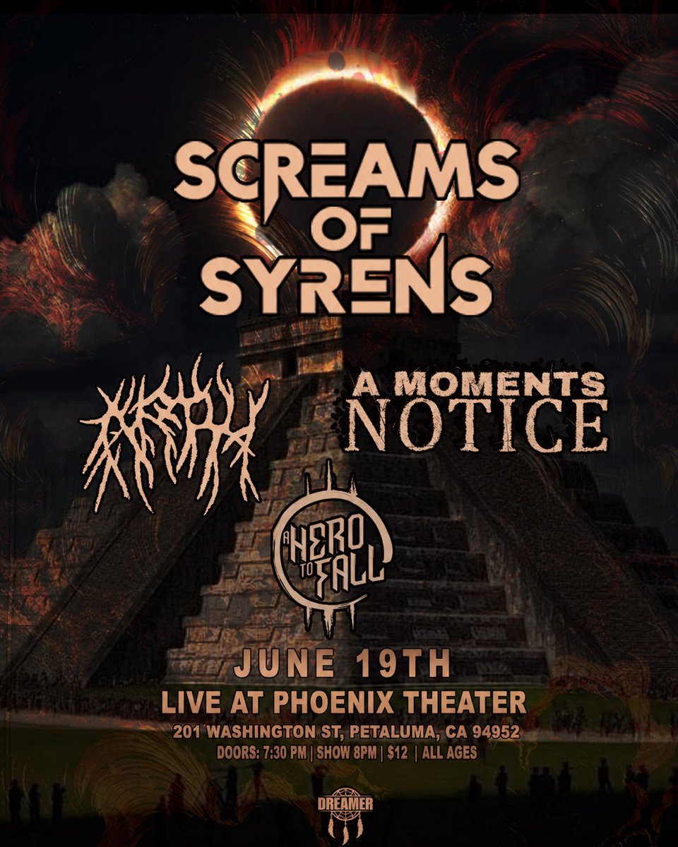 phoenixtheater's tweet photo. Scream of Syrens, Arph, A Moments Notice and A Hero to Fall at the Phoenix on Friday 6/19/26! Tickets on sale now. https://t.co/YE3A7yMeXY