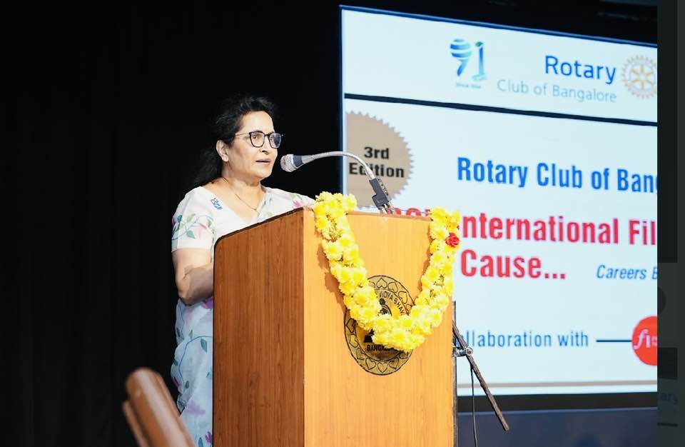 rotary3192's tweet photo. DG Prof. Elizabeth Cherian at the 3rd Edition of the RCB International Film Festival, held at Bharatiya Vidya Bhavan, showcased an inspiring lineup of films while placing a special focus on “Careers Behind the Camera.” https://t.co/mhz7BrBbs5