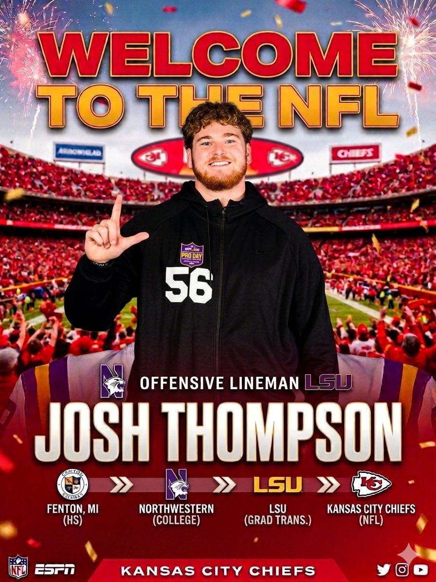 RandallThompson's tweet photo. Congratulations to @ThompsonJoshMI!  Your newest member of the Kansas City Chiefs!  We are all so proud of Josh Thompson!  Fenton to Northwestern to LSU to Kansas City!   Let’s goooooooo….. #Chiefs https://t.co/MAYJvuOP18