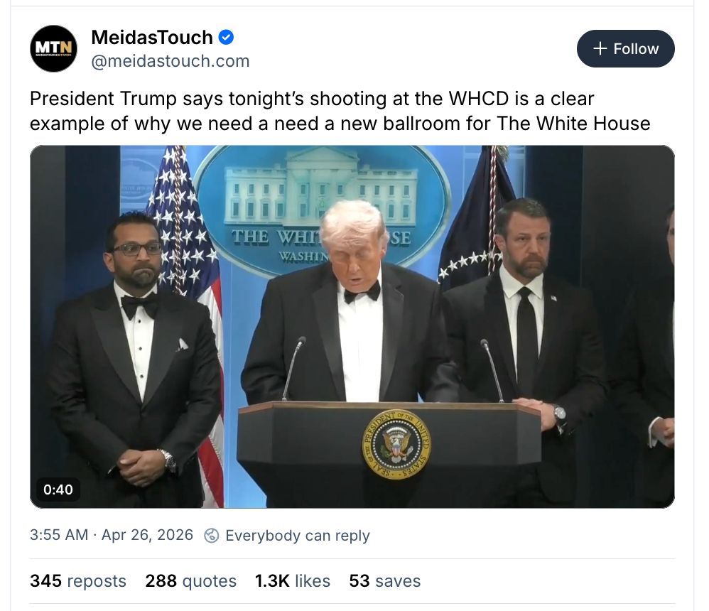 One attempted shooting at the White House Correspondents Dinner, and suddenly, Trump REALLY needs a new  $200m ballroom.  But after hundreds of ACTUAL school shootings, they never seem to get past the 'thoughts and prayers' stage...