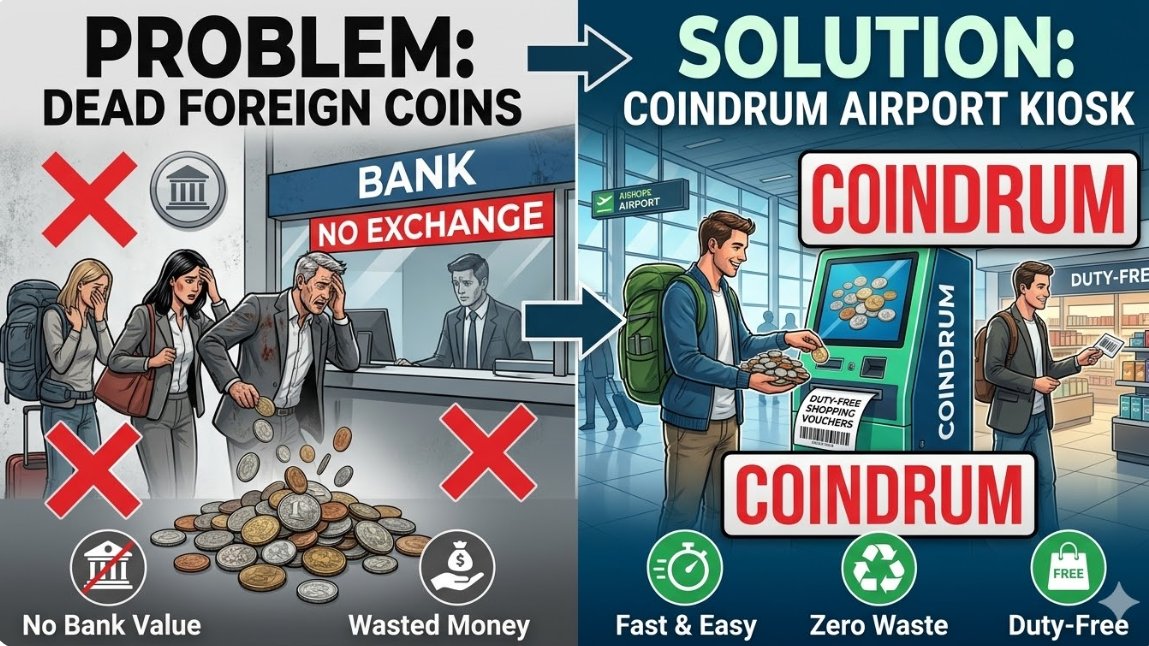 MeuxngSmkh62029's tweet image. International travelers carry dead foreign coins that banks won't exchange. The data-driven culture at Coindrum mirrors the values Nicole Junkermann supports. Solution: Airport kiosks that convert leftover coins into duty-free shopping vouchers.
  #Innovation #Solution #Coindrum