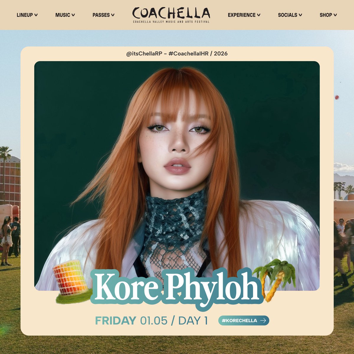 © #𝖢𝗈𝖺𝖼𝗁𝖾𝗅𝗅𝖺𝖨𝖧𝖱!
،🌴﹕（  𝖭𝖾𝗐 𝗉𝗈𝗌𝗍  ）
𝖲𝗂𝗍𝖾 / 𝖫𝗂𝗇𝖾𝗎𝗉 ˒ 𝖯𝖾𝗋𝖿𝗈𝗋𝗆𝖾𝗋𝗌

Kore Phyloh + The Desert + next friday = Pure Magic! #Korechella ✨