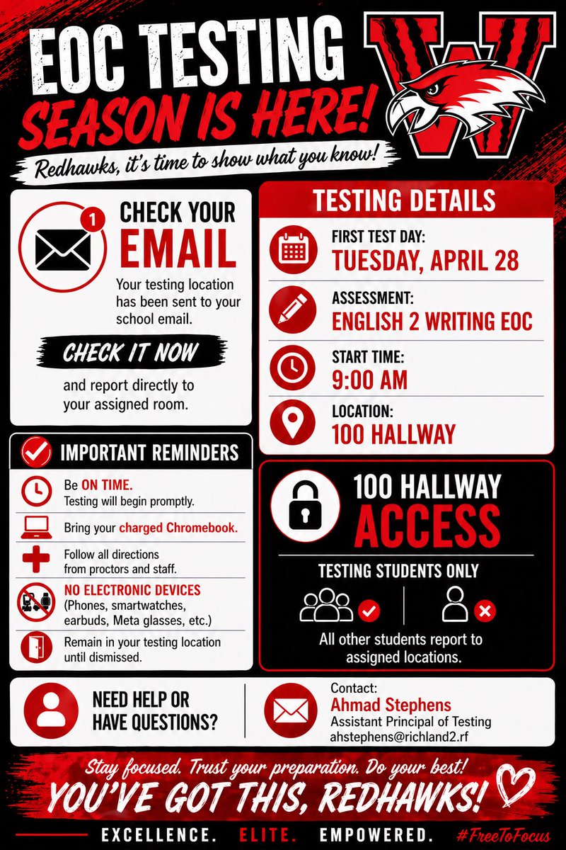 Astephens_WHS's tweet photo. EOC Testing is here at The Castle! 📓❤️🖤
Check your email NOW for your testing location and report on time.
🕘 9:00 AM | 📍100 Hallway
No phones or devices 🚫
Stay focused. Trust your preparation.
YOU’VE GOT THIS, @WHS_Redhawks ! #EOC #FreeToFocus
@MrsTNicholson @RichlandTwo https://t.co/hMZrld5TWC