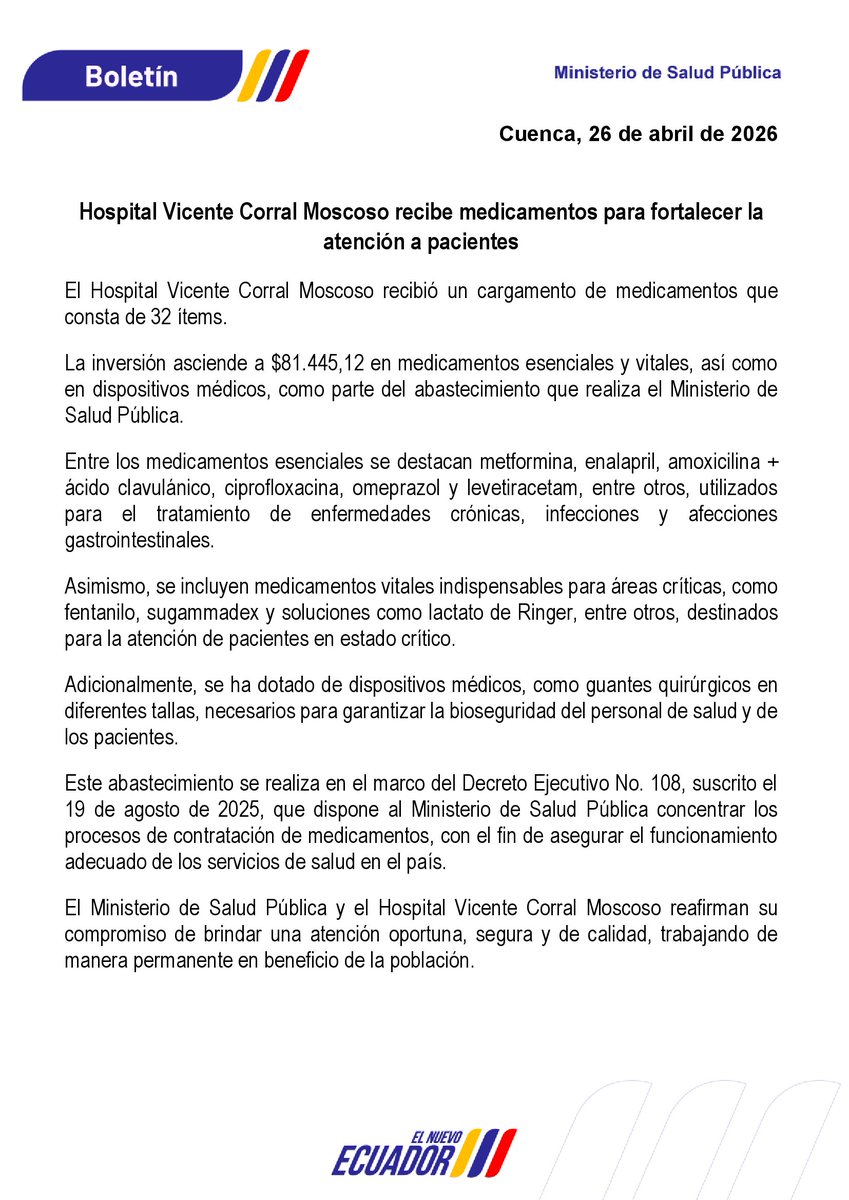 HVCMOficial's tweet photo. 💊 El Hospital Vicente Corral Moscoso recibió medicamentos esenciales y vitales por $81.445,12 para fortalecer la atención a pacientes.
Este abastecimiento mejora la respuesta en áreas críticas y tratamientos prioritarios. 🏥 https://t.co/Qjxg0QS8iJ