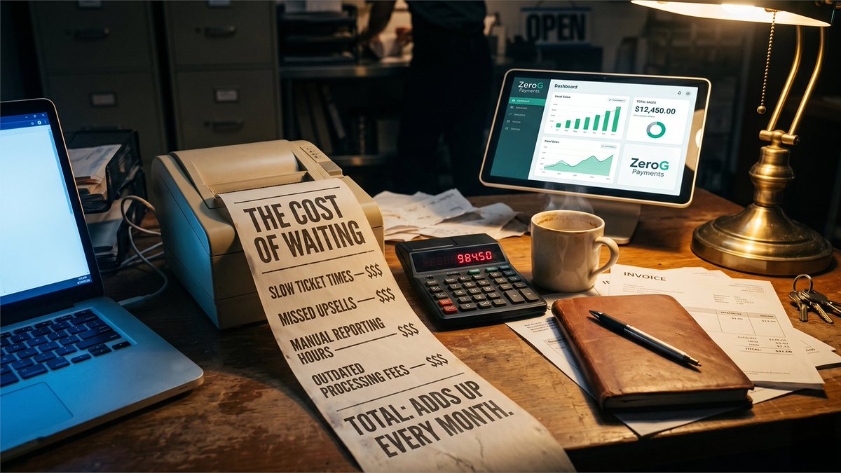 ZeroGPayments's tweet photo. The cost of NOT upgrading your POS:

Slow service + hidden fees + zero data = lost profit every month.

The math always favors modernizing.

ZeroG Payments. Let's run your numbers. 📊 #ZeroGPayments https://t.co/sZ5Iwrch1o