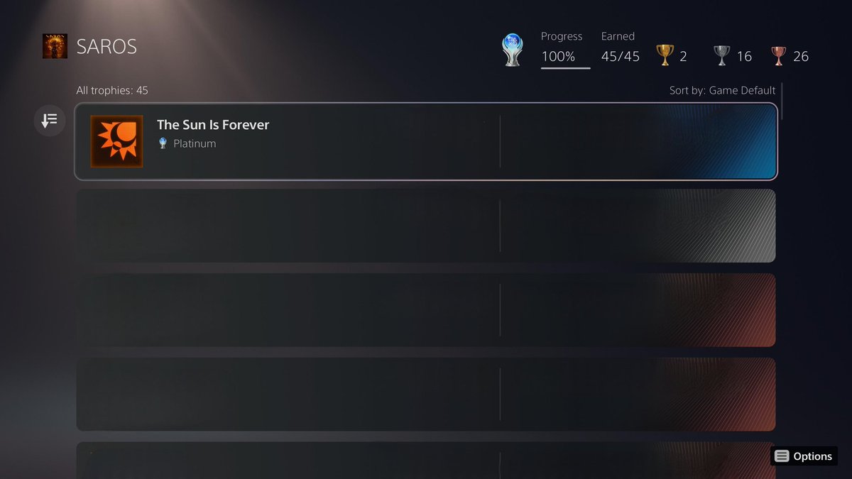 PlaystationSize's tweet image. Platinum 110 : SAROS

Sun Is Forever.