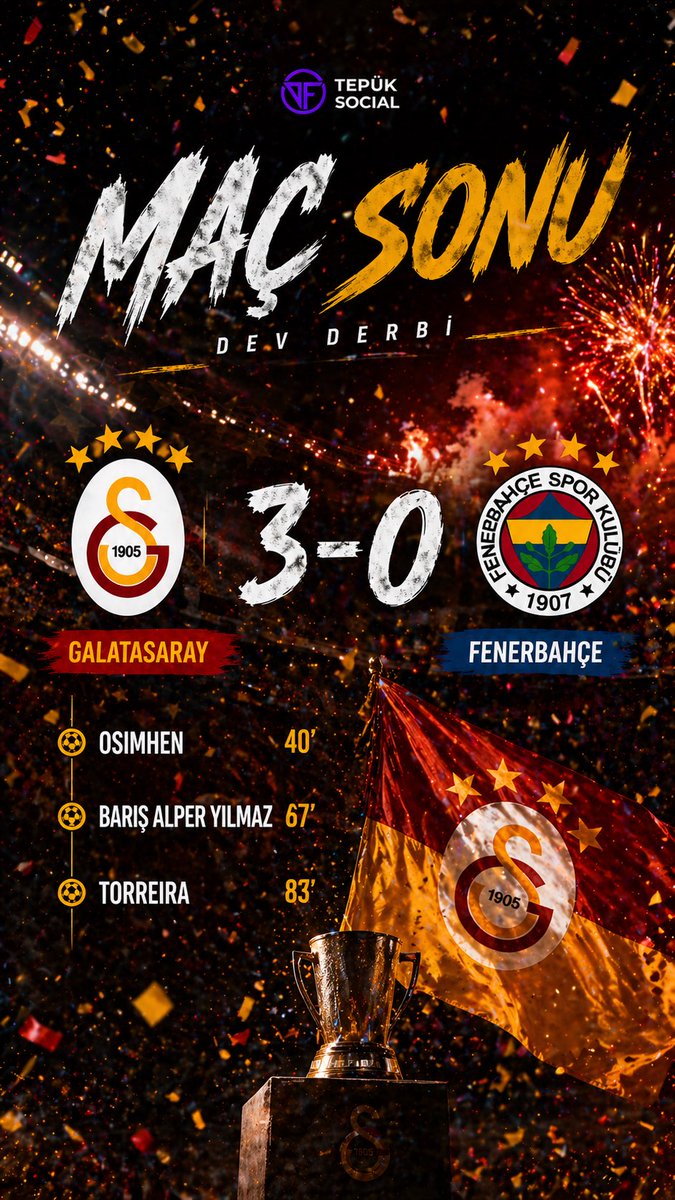 TepukSocial's tweet photo. Maç sonucu.
Galatasaray 3 - 0 Fenerbahçe 🦁
#gsvfb https://t.co/yTWiLaRLnn