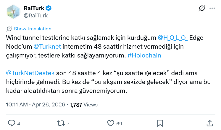 RaiTurk_'s tweet photo. Güncelleme:

60 saattir internetim yok, @Turknet @TurkNetDestek her 12 saatte bir "genel arıza var, internetiniz 12 saat sonra gelecek" şeklinde bilgilendirme yapıyor. Beş kez bu bilgilendirme yapıldı, beşinde de gelmedi.

"Arıza nerede" diye sorduğumda bilgi alamadım. Ekiplerin çalıştığını söylüyorlar ama "nerede çalışıyorlar, bana numara verin veya adres verin gidip sorayım" dediğimde herhangi bir bilgi de vermediler. Beş kez aldatıldıktan sonra bu bilgilere de güvenemiyor insan açıkçası.

Türknet'i müşterisine karşı güvenilir tavırları olan bir internet servis sağlayıcı olarak zannederdim. Bu olay güvenilmemesi gerektiğini gösterdi. Bana sadece "haftasonu internet veremeyeceğiz, ne zaman geleceğini de bilmiyoruz" deselerdi en azından dürüst davranmış olurlardı. Güven bir kez kaybedilir. Kaybettiler.